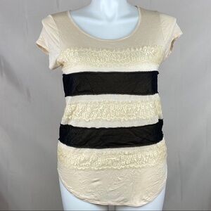 Design 365 Cream and Brown Striped Top with Lace